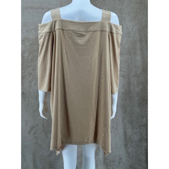 Roamans Top Womens 18 20 Tan Tunic Cold Shoulder Sparkle Embellished Party NYE - Picture 6 of 11